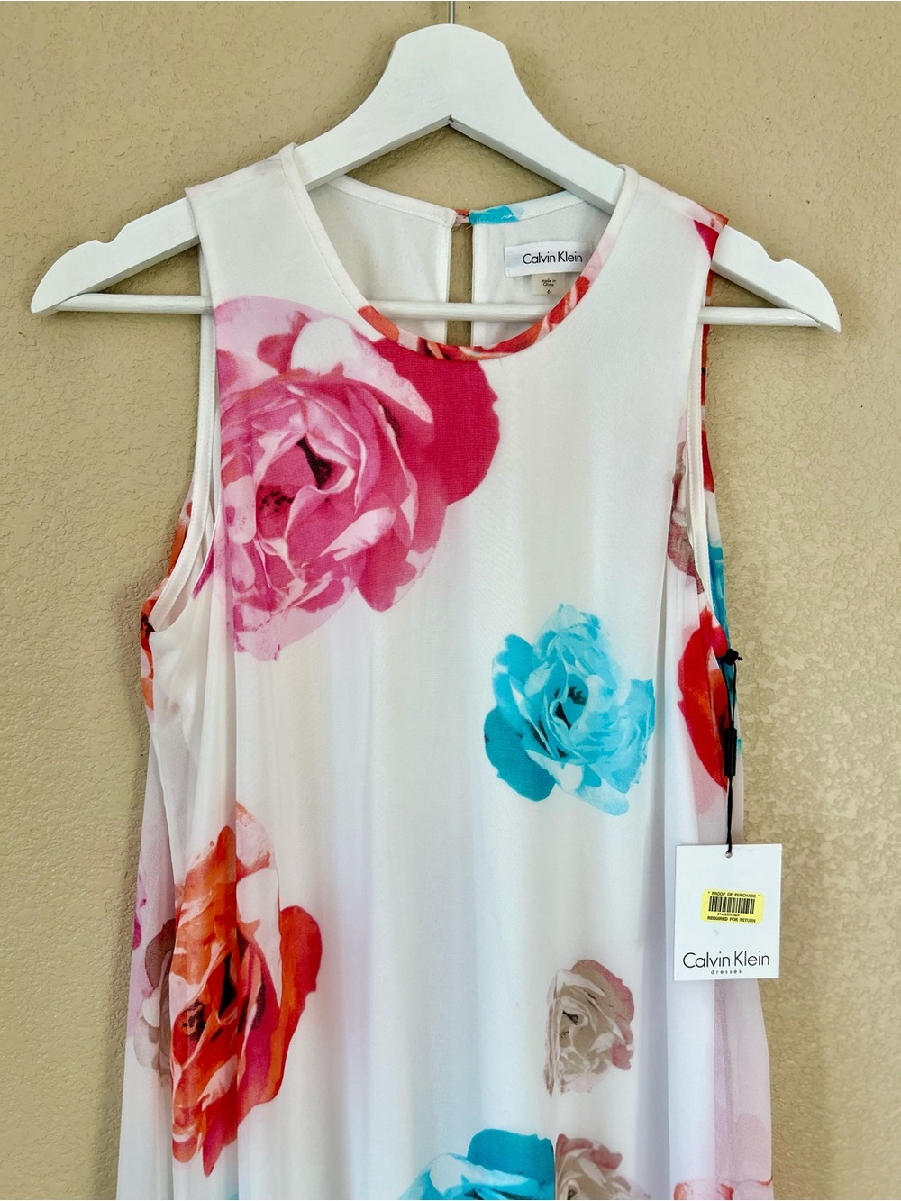 NWT Calvin Klein White Knee-Length Chiffon Lined Dress Multicolor Rose Print 6 - Picture 3 of 10